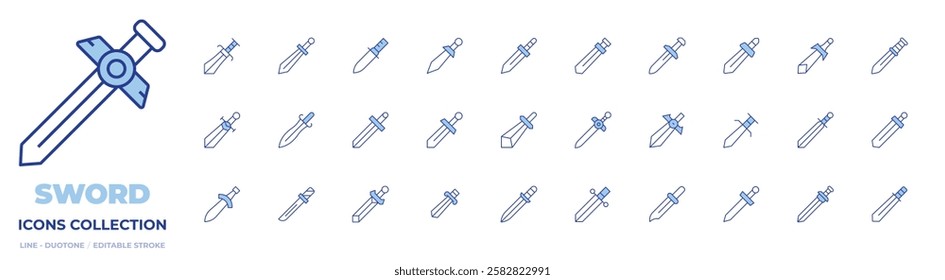 Sword icons collection. Line Duotone style, editable stroke. sword, knife, swords.