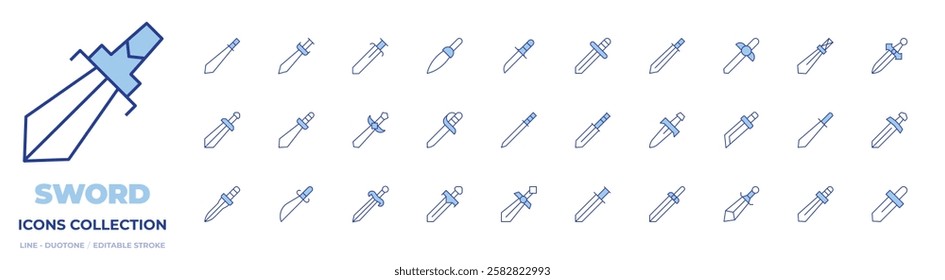 Sword icons collection. Line Duotone style, editable stroke. sword, battle, katana, dagger.