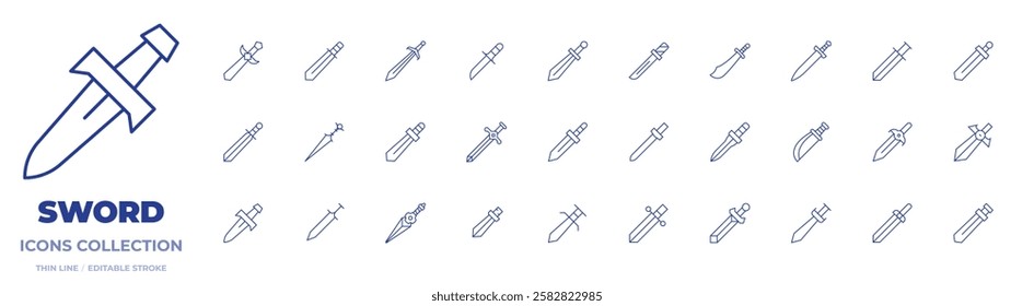 Sword icons collection. Thin Line icons, editable stroke. dagger, knife, sword, swords, katana.