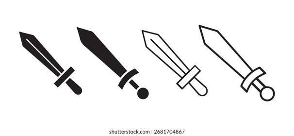 Conjunto de iconos de espada. aislado sobre fondo blanco en diferentes estilos.