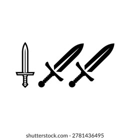 Sword icons set, medieval weapon collection, cosplay event poster, renaissance fair branding, fantasy game graphic, combat training session, vector illustration
