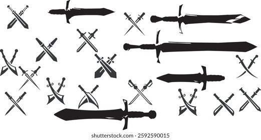Sword icons set. Sword silhouettes. Vector Ancient swords