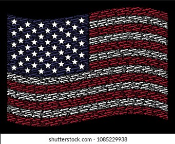 Sword items are organized into waving USA flag stylization on a dark background. Vector concept of American state flag is formed of sword elements. Designed for political and patriotic posters.