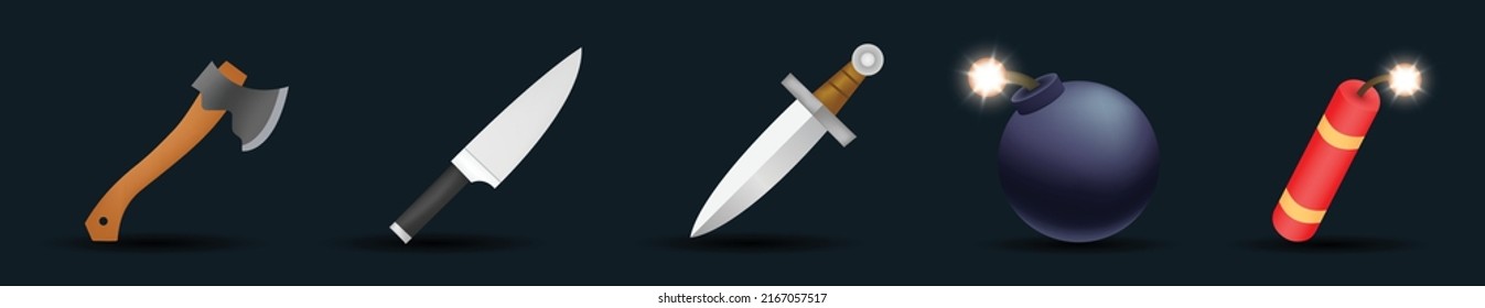 Sword, knife, axe, dynamite and bomb emoji vector illustration isolated on background. Emoji set. 3d illustration.