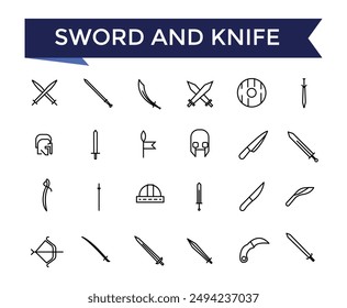 Sword and knife line icon set with editable stroke collection for web and ui. Line icons pack. Vector illustration.