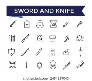 Conjunto de iconos de línea de espada y cuchillo con colección de trazo editable para Web y ui. Paquete de iconos de línea. Ilustración vectorial.