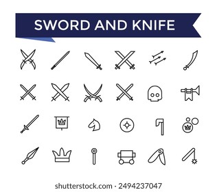 Sword and knife line icon set with editable stroke collection for web and ui. Line icons pack. Vector illustration.