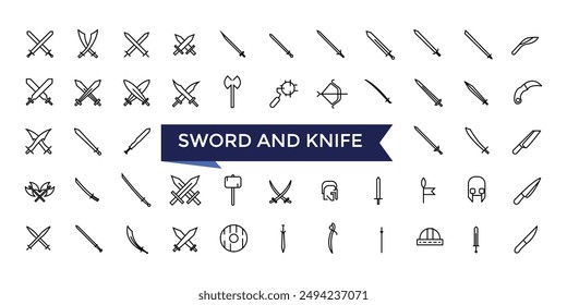 Conjunto de iconos de línea de espada y cuchillo con colección de trazo editable para Web y ui. Paquete de iconos de línea. Ilustración vectorial.
