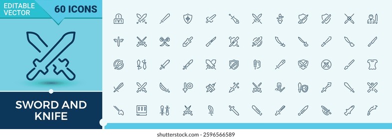 Sword and Knife linear icon collection. Contains related to blade, sharp, weapon, battle, knife, war, sword, saber. Thin outline icons pack. Weapon icon set. Vector illustration in modern line style.