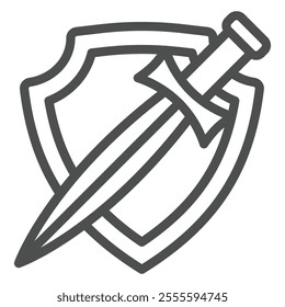 Sword knife with shield line icon, medieval culture concept. Vector graphics. Medieval fight tool sign on white background, outline style icon for mobile or web design