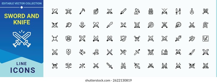 Sword And Knife vector icon set. War icon set. Minimalist icons pack. Pack of sword, swords, sharp, weapon, battle, blade, saber and more. Editable stroke. Pixel Perfect.