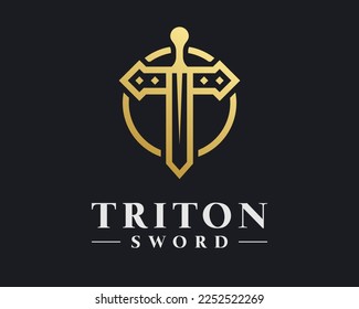 Sword Knight Battle War Medieval Gold Elegant Luxury Classic with Letter T Shape Vector Logo Design