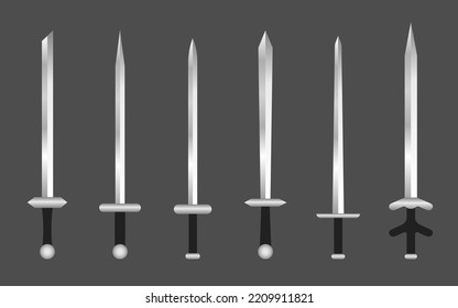 Schwert Ritter Metall mittelalterliche scharfe realistische Set. Waffen alten Stahl. Einseitiges Schwert, das isoliert antike. Blade scharfe Vintage alt. König heraldisches altes Emblem. Kollektion von königlichen Kriegsschauplätzen