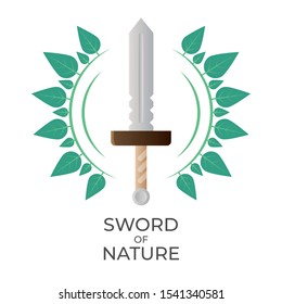 Sword and laurel wreath vector illustration. Logo or icon for game UI or achievement. Isolated on white background.
