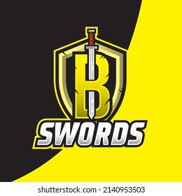 Sword with letter B Esport logo illustration, Shield and swords badge sport logo design. Warrior emblem vector illustration.