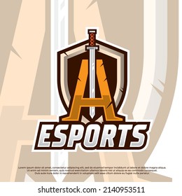 Sword with letter A Esport logo illustration, Shield and swords badge sport logo design. Warrior emblem vector illustration.