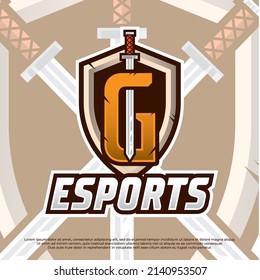 Sword with letter G Esport logo illustration, Shield and swords badge sport logo design. Warrior emblem vector illustration.