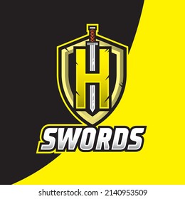 Sword with letter H Esport logo illustration, Shield and swords badge sport logo design. Warrior emblem vector illustration.