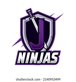 Sword with letter J Esport logo illustration, Shield and swords badge sport logo design. Warrior emblem vector illustration.