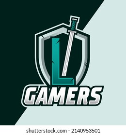 Sword with letter L Esport logo illustration, Shield and swords badge sport logo design. Warrior emblem vector illustration.