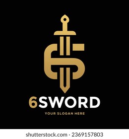 Sword letter or number 6 vector logo template. This logo use gold. Suitable for business