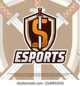 Espada con letra la ilustración del logotipo de S Esport, diseño del logotipo de la marca Escudo y de la insignia de la espada. Ilustración vectorial del emblema guerrero.