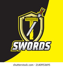 Sword with letter T Esport logo illustration, Shield and swords badge sport logo design. Warrior emblem vector illustration.
