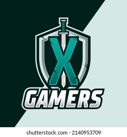 Sword with letter X Esport logo illustration, Shield and swords badge sport logo design. Warrior emblem vector illustration.