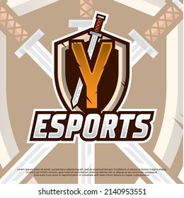 Sword with letter Y Esport logo illustration, Shield and swords badge sport logo design. Warrior emblem vector illustration.