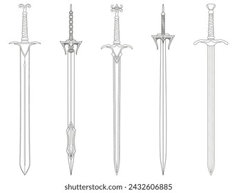 Sword line art SET. Ancient Longsword. Saber. Blade Tattoo. Vector illustration isolated on white background.