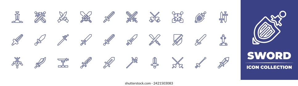 Colección de iconos de la línea de espadas. Trazo editable. Ilustración vectorial. Con arma, escudo, espada, esgrima, espadas.