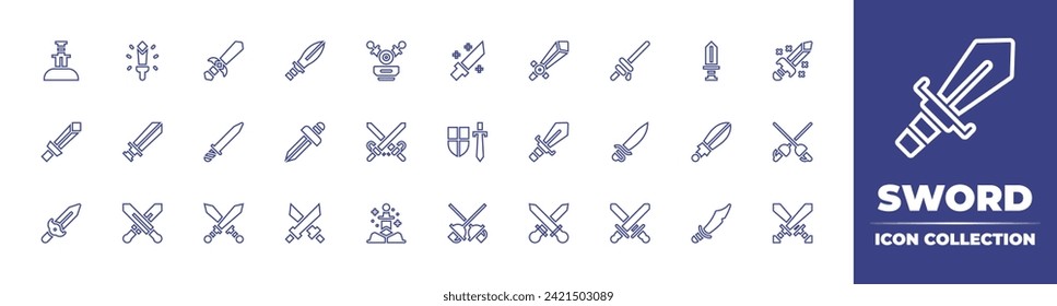 Sammlung von Symbolen für die Schwertlinie. Bearbeitbarer Strich. Vektorgrafik. Mit Flügeln, gekreuzt, Schwert, Geschichte, Zäune, Schwerter, Ballon.