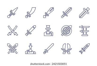 Symbol für die Schwertlinie gesetzt. Bearbeitbarer Strich. Vektorgrafik. Dagger, Schwert, Katana, Schild, Schwerter.
