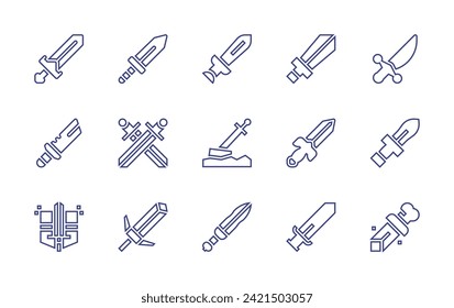 Juego de iconos de línea de espada. Trazo editable. Ilustración vectorial. Conteniendo espada, espadas medievales.