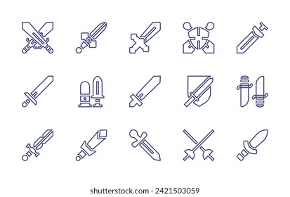 Symbol für die Schwertlinie gesetzt. Bearbeitbarer Strich. Vektorgrafik. Schwert, Waffe, Schild, Schwerter, Zaun.