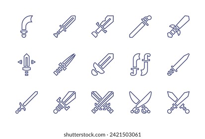 Symbol für die Schwertlinie gesetzt. Bearbeitbarer Strich. Vektorgrafik. Schwert, Säbel, Dagger, Schwerter.
