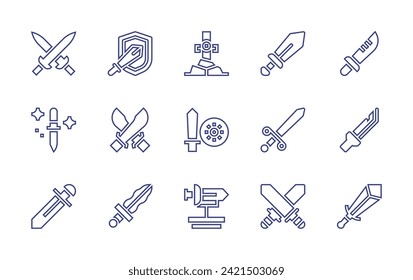 Symbol für die Schwertlinie gesetzt. Bearbeitbarer Strich. Vektorgrafik. Schwert, Messer, RPG, Dagger, Schwerter, Säbel.