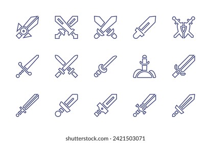 Symbol für die Schwertlinie gesetzt. Bearbeitbarer Strich. Vektorgrafik. Mit Schwertern, Schild, Schwert, Katana.