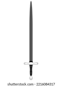 Espada en el estilo del lino. Sencillo icono de espada negra. Ilustración del vector de contorno aislada en fondo blanco.