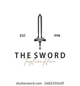 Sword logo design with simple black silhouette knight weapon concept templet illustration symbol icon