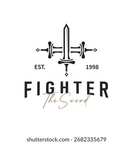 Design de logotipo de espada com simples preto silhueta cavaleiro conceito de arma modelo ilustração ícone símbolo