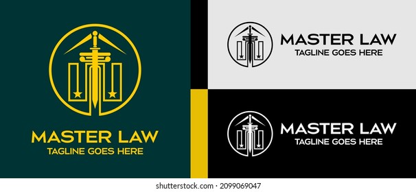 sword logo design template, house roof icon and law pillar icon in a circle. vector illustration