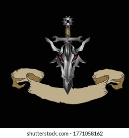 
sword logo with a dragon's face made of iron