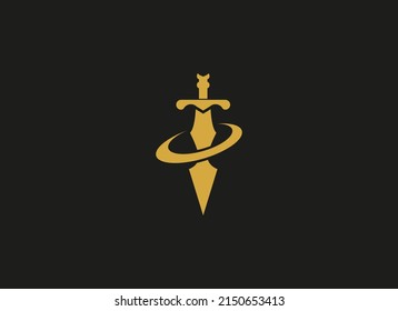 Sword Logo. Gold Geometric Shape Sword and Shield Icon Combination  Isolated on Black Background. Flat Vector Design Template Element