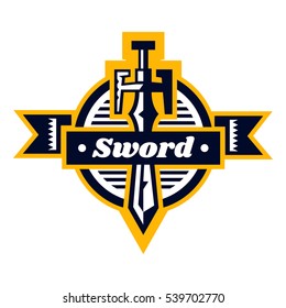 Sword logo located on the shield. Lettering on a ribbon. Logo on the sword, war, medieval weapons. Vector illustration. Flat style 