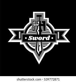 Sword logo located on the shield. Lettering on a ribbon. The emblem on the topic of the Middle Ages, war. Black and white color sticker. Vector illustration. Flat style