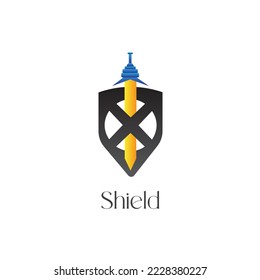 Sword logo with shield, war defense, simple style