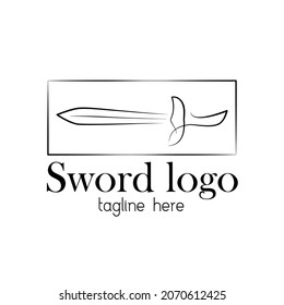 Sword logo template. Line art sword vector illustration. Sword emblem brand identity. Warrior identity badge design.