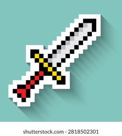 Sword long shadow sticker 8 bit vector icon for computer game logo