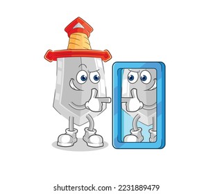 das Schwert, das in den Spiegelkartoon schaut. Cartoon-Maskottvektor